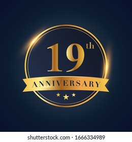 19 anniversary celebration logotype. Golden colored isolated on black blue background, vector design for greeting card and invitation card and celebration event