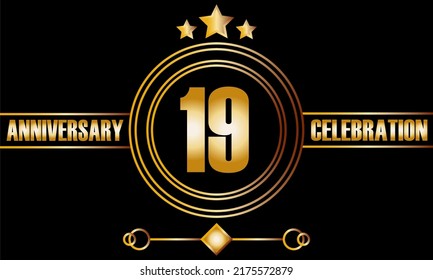 19 anniversary celebration. Nineteen years birthday celebration banner with bright gold color.