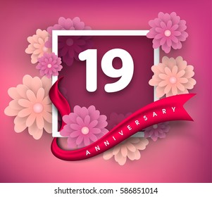 19 anniversary invitation card. Vector invitation card or 
Anniversary emblems template design. Design with abstract 
background and elegant frame with ribbon decorated and 3d flowers.