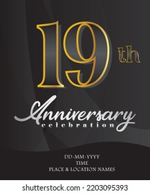 19 Anniversary Invitation and Greeting Card Design, Golden and Silver Coloured, Elegant Design, Isolated on Black Background. Vector illustration.