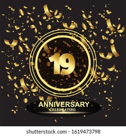 19 anniversary logo with confetti golden colored isolated on black background, vector design for greeting card and invitation card