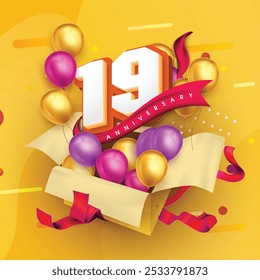 Modelo de logotipo de 19 anos em uma caixa de presente com um fundo amarelo e balões. Celebração do 19º aniversário com uma fita vermelha e balões. Conceito de caixa de presente para um convite de aniversário.