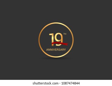 19 anniversary vector design golden color with ring and red ribbon isolated on black background