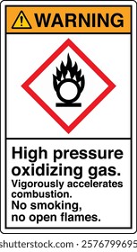 19 ANSI Z535 GHS Chemicals Label Warning High Pressure Oxidizing Gas Vigorously Accelerates Combustion No Smoking No Open Flames Vertical White.
