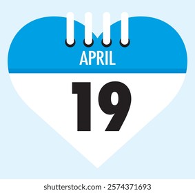 19 April calendar icon blue heart shape on light sky blue color background, calendar vector symbol for the month of April.