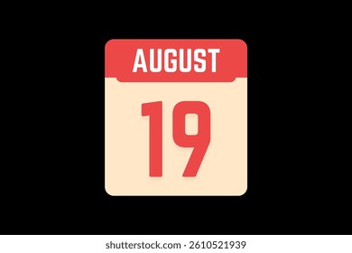 19 August icon text page monthly web design on coral, white, tangerine and black background vector, icon, or illustration with the month of August 19