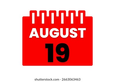 19 de agosto Mes Vector de un solo día, ilustración, calendario con fondo de color rojo, negro y blanco Icono de calendario del 19 de agosto