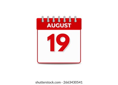 19 de agosto Mes Vector de un solo día, ilustración, calendario con fondo de color blanco y negro Icono de calendario del 19 de agosto