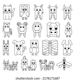 19 black and white line art farm elements set. Domestic cartoon animals. Summer themed vector illustration for icon, stamp, label, badge, sticker, gift card, or coloring book page.