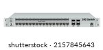 19" carrier-grade switch with 4 SFP and SFP+ optical module slots, 16 RG-45 slots, and an RG-45 console. Vector illustration.