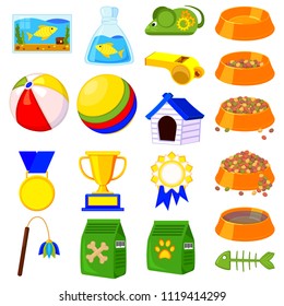 19 colorful cartoon pet shop elements set. Domestic animals care vector illustration for icon, sticker, patch, label, badge, certificate or gift card decoration