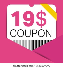 19$ Coupon promotion sale for a website, internet ads, social media gift 19 Dollar off discount voucher. Big sale and super sale coupon discount. Price Tag Mega Coupon discount vector illustration.