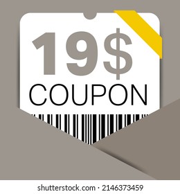 19$ Coupon promotion sale for a website, internet ads, social media gift 19 Dollar off discount voucher. Big sale and super sale coupon discount. Price Tag Mega Coupon discount vector illustration.