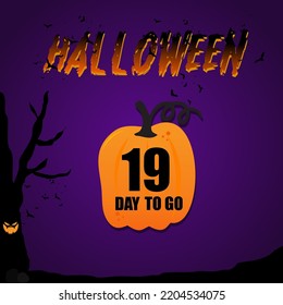 19 day to go halloween day, vector art illustration with fantastic font and nice violet purple color background. with cute pumpkin and eye on tree
