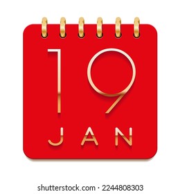 19 day of the month. January. Luxury calendar daily icon. Date day week Sunday, Monday, Tuesday, Wednesday, Thursday, Friday, Saturday. Gold text. Red paper. Vector illustration.