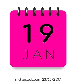 19 day of the month. January. Pink calendar daily icon. Black letters. Date day week Sunday, Monday, Tuesday, Wednesday, Thursday, Friday, Saturday. Cut paper. White background. Vector illustration.