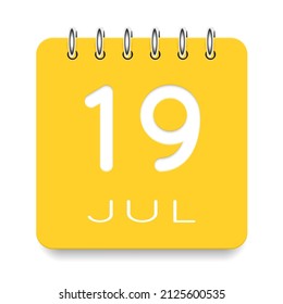 19 day of the month. July. Cute yellow calendar daily icon. Date day week Sunday, Monday, Tuesday, Wednesday, Thursday, Friday, Saturday. Cut paper. White background. Vector illustration.
