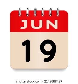 19 días del mes. Junio. Voltear el calendario formal antiguo. Icono de 3d diario. Fecha. Semana Domingo, Lunes, Martes, Miércoles, Jueves, Viernes, Sábado. Corta papel. Fondo blanco. Ilustración vectorial. 