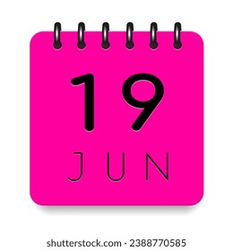 19 day of the month. June. Pink calendar daily icon. Black letters. Date day week Sunday, Monday, Tuesday, Wednesday, Thursday, Friday, Saturday. Cut paper. White background. Vector illustration.