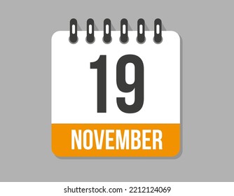 19 day november calendar icon. Orange calendar vector on light background for november month