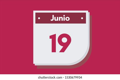 19 de Junio. Dia del mes. Calendario (June 19th. Day of month. Calendar in spanish) vector illustration icon.