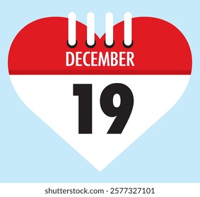 19 December calendar icon red heart shape on light sky blue color background, calendar vector symbol for the month of December.