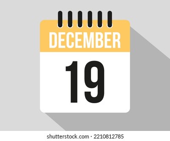 19 December calendar vector icon. Yellow december date for the days of the month and week