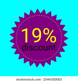 19% discount tag. Purple and yellow label. Store promotions, online commerce sales. Nineteen percent off.