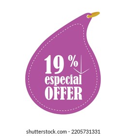 19 % especial offer vector illustration. Nineteen percent discount tag. Rounded shape. Down arrow. Dotted line. Purple color. White text. White background.