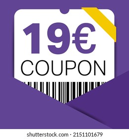 19 Euro Coupon promotion sale for a website, internet ads, social media gift 19 off discount voucher. Big sale and super sale coupon discount. Price Tag Mega Coupon discount with vector illustration.