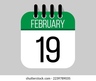 19 February calendar icon. Green calendar vector for February weekdays. Calendar page design on isolated background