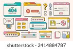 19 Flat Cartoon User Interface Elements. Old Computer Screen. Retro Vaporwave Vector Windows. Y2K style. 