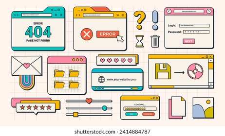 19 Elemente der flachen Cartoon-Benutzeroberfläche. Old Computer Screen. Retro Vaporwave Vectorfenster. Y2K-Stil. 