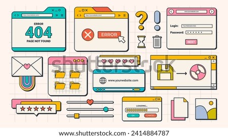 19 Flat Cartoon User Interface Elements. Old Computer Screen. Retro Vaporwave Vector Windows. Y2K style. 