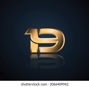 19 Gold 3D Number Logo in dark background with realistic reflection