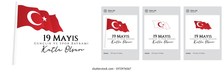 19 mayıs greeting design for social media. Turkish youth and sport day, celebrated on 19th may in Turkey.