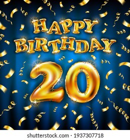 19 Happy Birthday message made of golden inflatable balloon nineteen letters isolated on blue background fly on gold ribbons with confetti. Happy birthday party balloons concept vector illustration