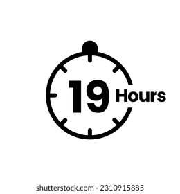 Icono de signo de reloj de 19 horas. horas de apertura de servicio, tiempo de trabajo o símbolo de tiempo de servicio de entrega, ilustración vectorial aislada en fondo blanco