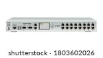 19 inch rack multiplexer-switch for Ethernet and E1 streams . Has 2 SFP ports, 2 Ethernet ports (RJ45), 16 E1 ports (RJ45) and 2 USB ports and management screen. Vector illustration.