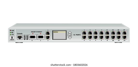 19 Inch Rack Multiplexer-switch For Ethernet And E1 Streams . Has 2 SFP Ports, 2 Ethernet Ports (RJ45), 16 E1 Ports (RJ45) And 2 USB Ports And Management Screen. Vector Illustration.