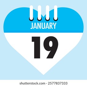 19 January calendar icon sky blue heart shape on light sky blue color background, calendar vector symbol for the month of January.