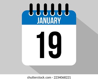 Icono vectorial del calendario del 19 de enero. Fecha de enero azul para los días del mes y la semana en un fondo claro