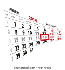 19 January highlighted on calendar 2018. Week starts from Monday. Vector Illustration.