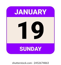 19 January, Sunday. Date template. Useful design for calendar or event promotion. Vector illustration EPS 10 File. Isolated on white background. 