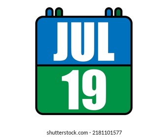 19 july calendar. Blue and green calendar page for july days. Vector isolated on white background.