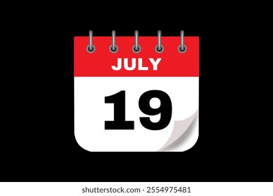 19 July calendar icon text page monthly web design on red, white and black background vector, icon, or illustration with the month of July 19