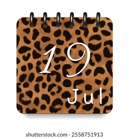 19 July. Leopard print calendar daily icon. White letters. Date day week Sunday, Monday, Tuesday, Wednesday, Thursday, Friday, Saturday.