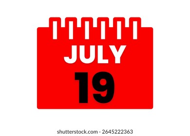19 julho mês vetor dia único, ilustração, calendário com vermelho, preto e branco ícone de calendário de fundo de cor de julho 19