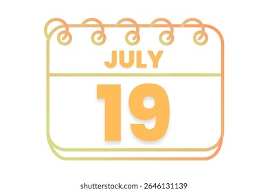19 julho mês vetor dia único, ilustração, calendário com laranja, amarelo, marrom e branco ícone de calendário de fundo de cor de julho 19