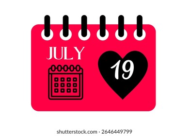 19 julho mês vetor dia único, ilustração, calendário com vermelho, preto e branco ícone de calendário de fundo de cor de julho 19
